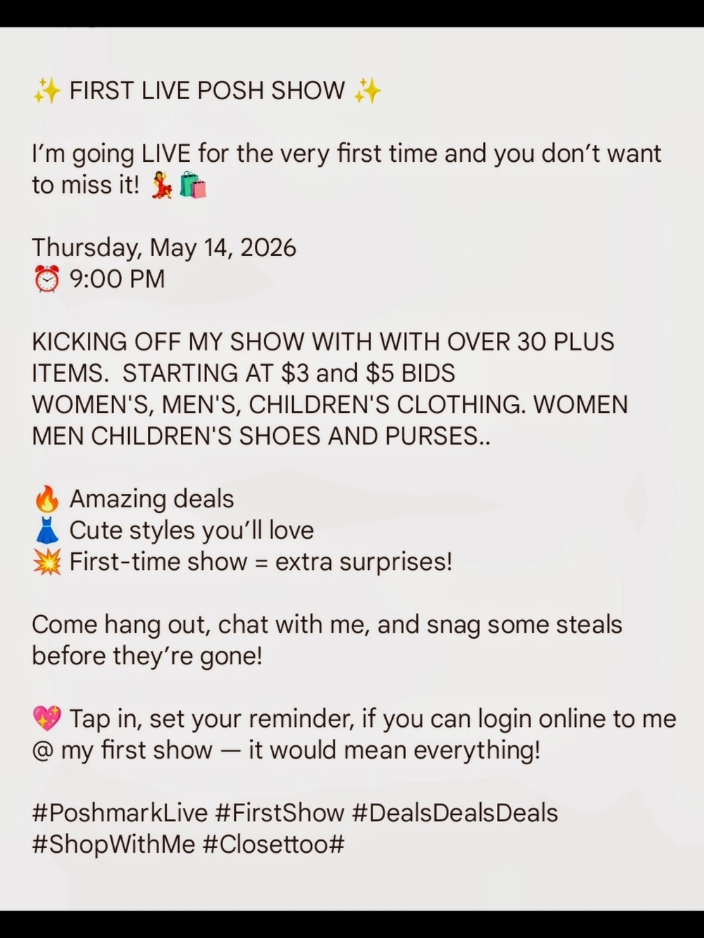 My First Live Poshmark Show Hope You Can Make It To Come Out And Support Me..